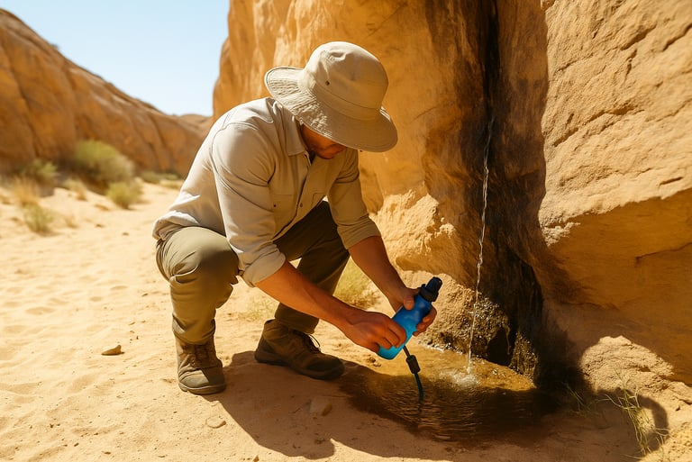Man collecting water in desert canyon with filter for hydration and survival preparedness
