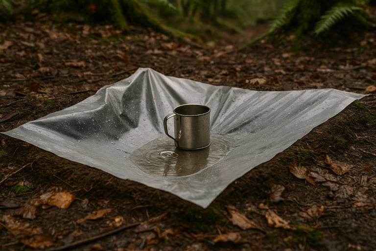 Solar still collecting dew in tarp with cup set in forest soil