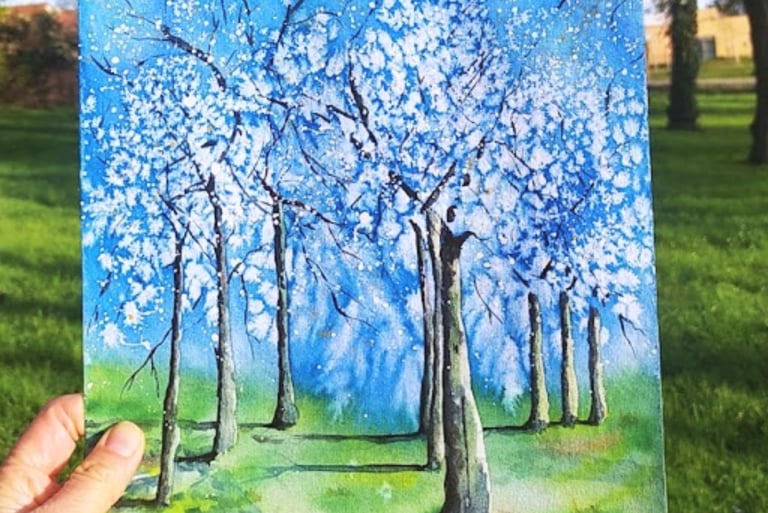 aquarelle arbres foret bleue vert printemps premiers frissons