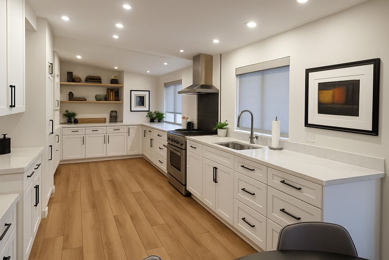 Kelowna kitchen featuring white shaker cabinets and Euro-style design