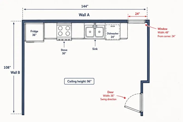 Example top-view kitchen sketch showing wall dimensions, door swing, window placement, appliances an