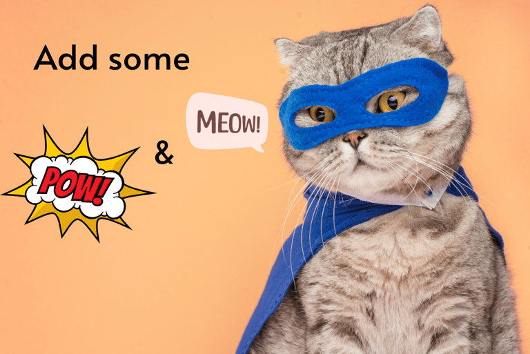 Cat in superhero costume with sound effects and audio words conveying a visual message