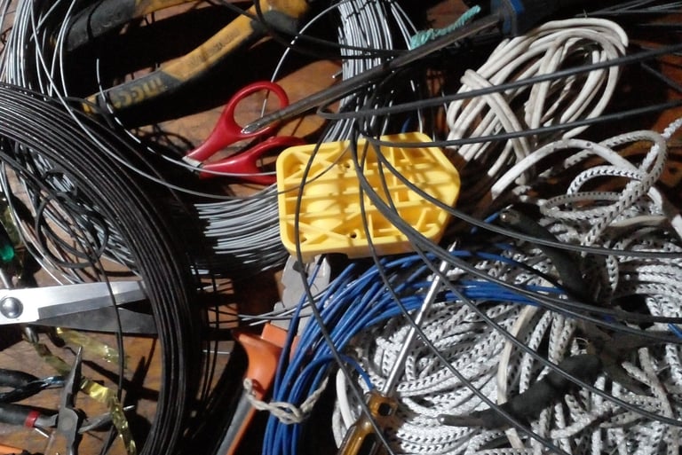 CABLES, TIJERA, PLASTICOS, SOGAS, ALAMBRE, PINZAS, HERRAMIENTAS QUE SE UTILIZÓ EN EL PULPO RENACIDO