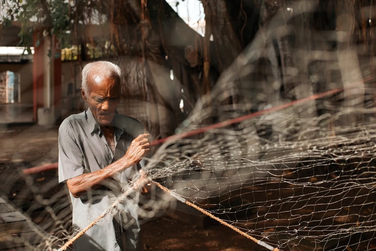 Elderly fisherman Freddy repairing fishing nets under banyan tree, Mahebourg waterfront, Mauritius