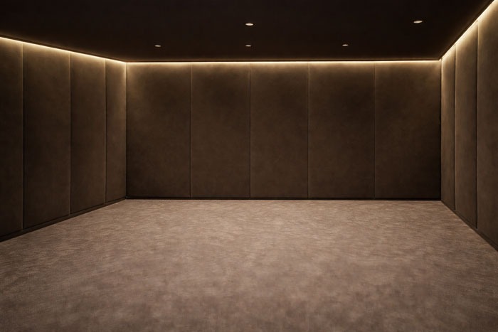 upholstered home theater wall panels in a luxury media room