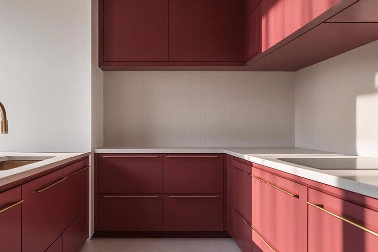 Matte ruby red kitchen cabinets with gold handles and quartz countertops in a minimalist kitchen.