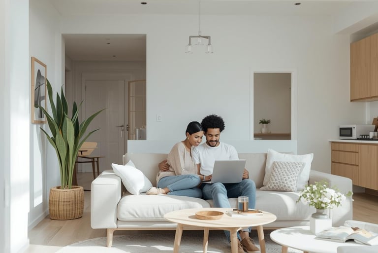 Couple on a light sofa filling out a renovation form in a bright, minimal home.