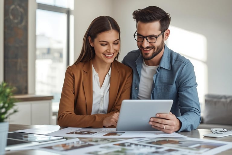 Designer and couple smiling, reviewing a renovation plan on a tablet in a minimal office.