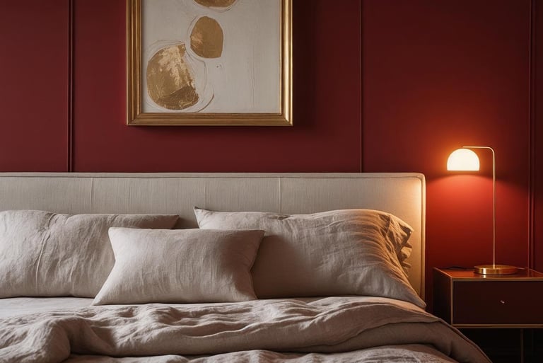 Ruby red bedroom wall behind an upholstered bed with gold-framed artwork and warm lighting.