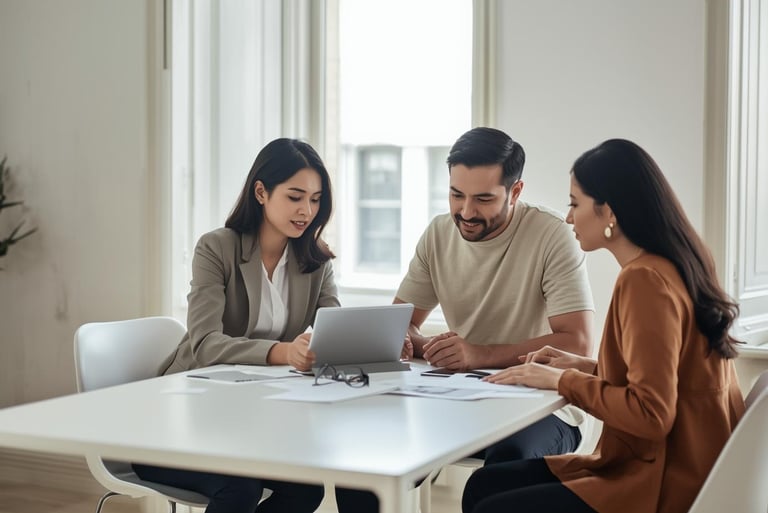 Designer and couple reviewing designs on a tablet at a sleek, light-filled table