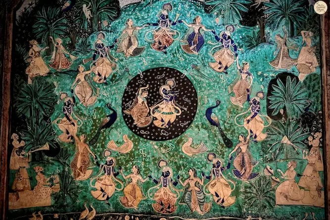 Ras Leela mural of Lord Krishna and Radha at Chitrashala, Bundi — a masterpiece of Bundi miniature art and devotion.