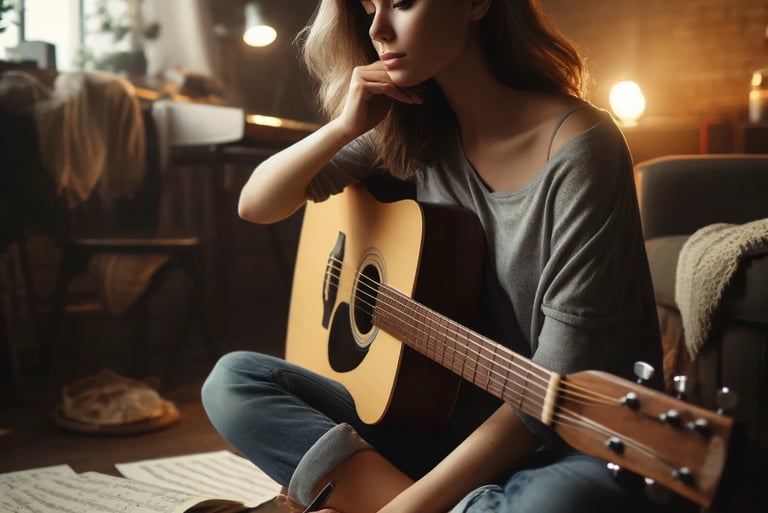 a woman sitting on a couch with a guitar and a guitar