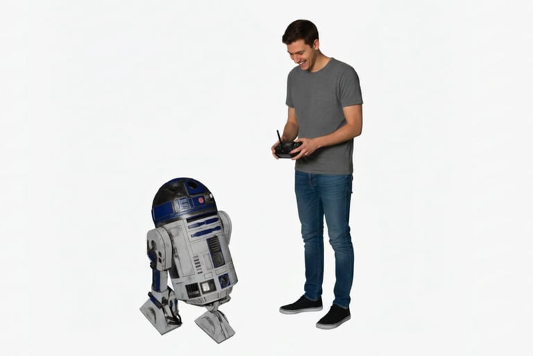 Man controlling a life-sized remote-controlled R2-D2 droid from Disney's Galaxy's Edge Droid Depot.
