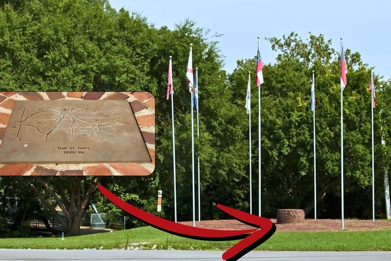 a plaque with a trail map and several flags in a circle