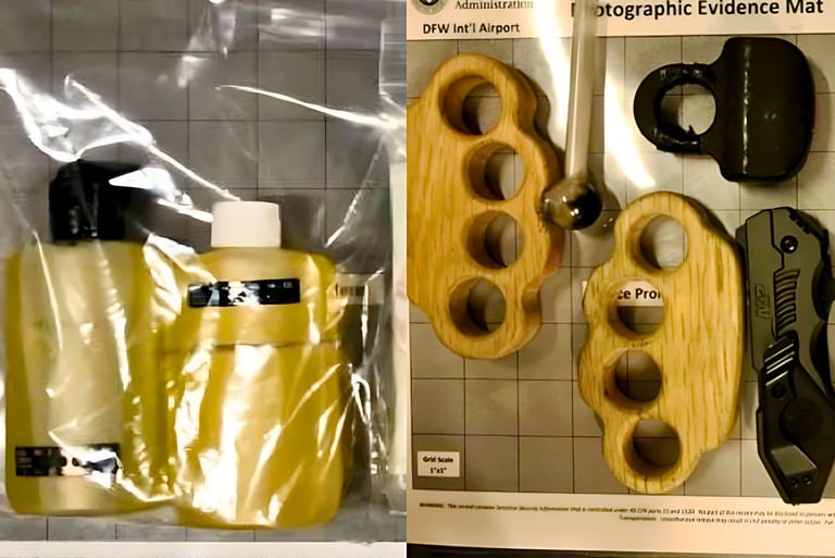 wooden knuckles, stun knuckle, knives and bottles of synthetic urine that are larger than 3.4oz