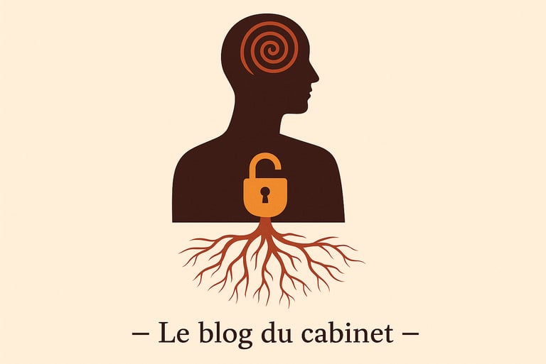 Silhouette avec spirale et cadenas ouvert, racines rouges symbolisant causes profondes