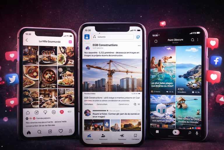 Montage de trois smartphones sur fond violet affichant des interfaces de réseaux sociaux