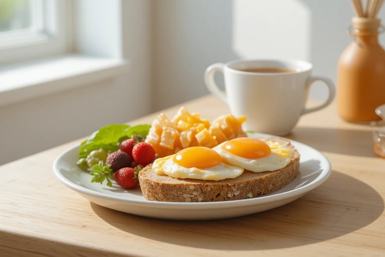 Desayuno equilibrado y saludable con huevos, pan integral, fruta fresca y café,