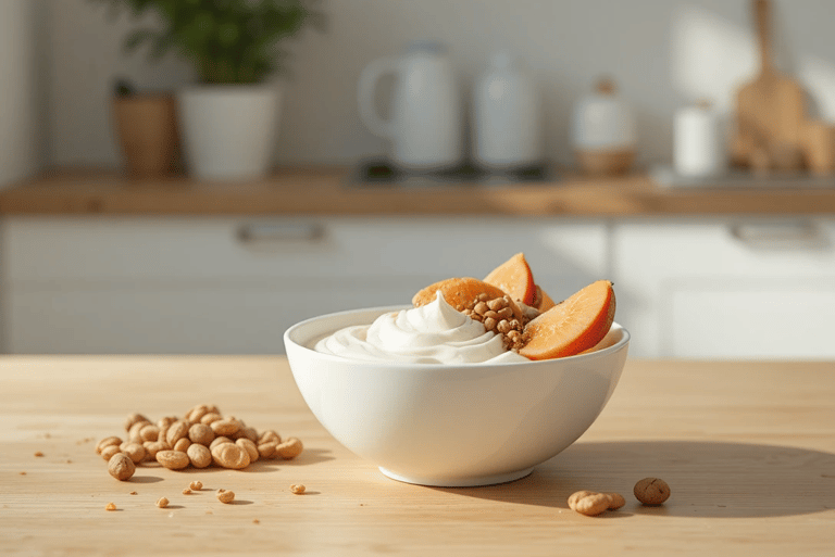 Desayuno ligero y saludable con yogur natural, fruta fresca y frutos secos,