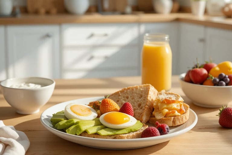 Desayuno saludable y energético con huevos, aguacate, pan integral, fruta fresca y yogur