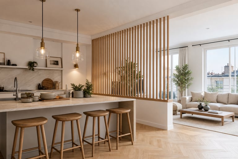 Claustra sur mesure en bois dans un intérieur contemporain à Lyon