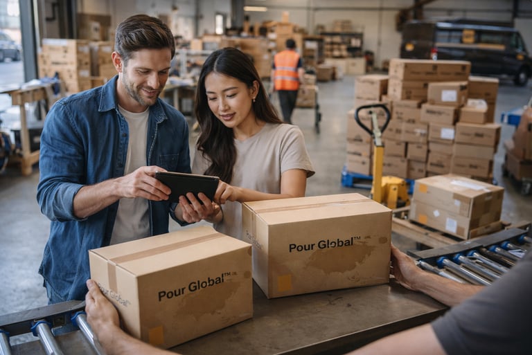 Global production and packing visual showing orders prepared for international fulfilment