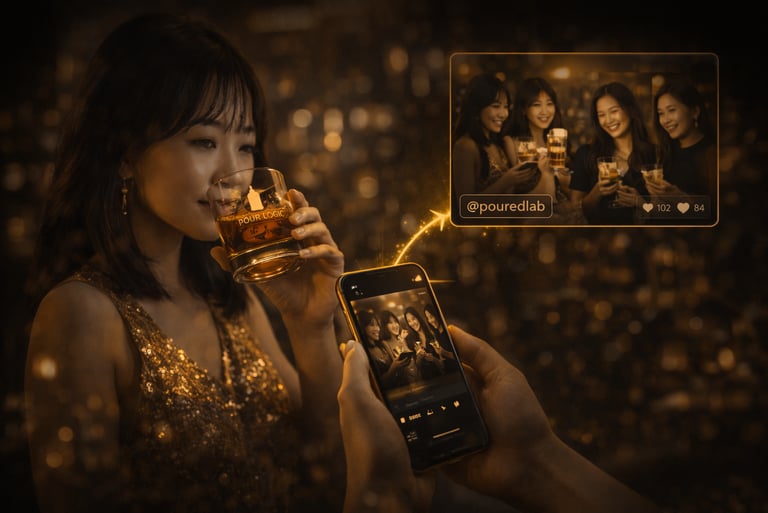 customer holding branded drink and phone interaction