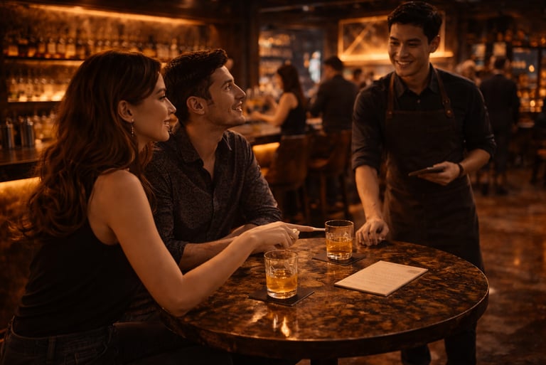 Staff talking with customers at table showing service interaction