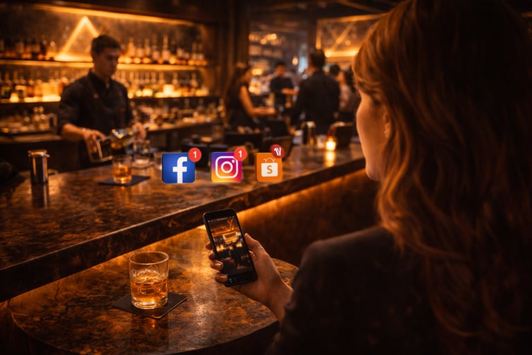 Customer at bar using phone with social media icons representing connection concept