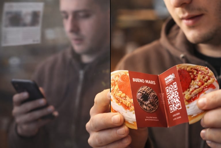 Customer holding promo card while another person looks at phone showing engagement contrast