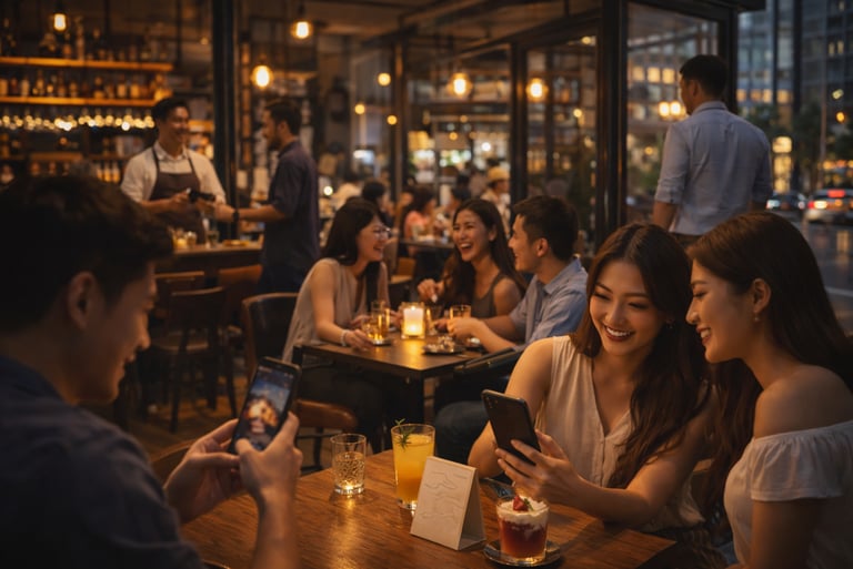 Customers enjoying drinks together in busy restaurant showing venue experience