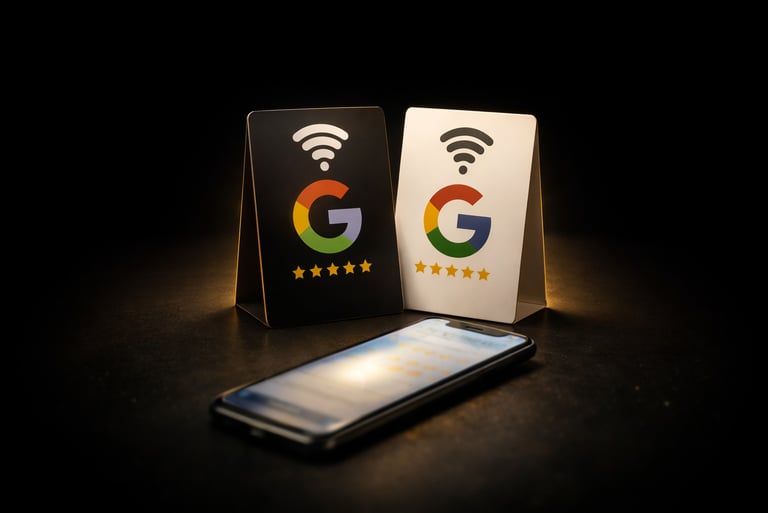 Google review display stand beside phone showing scan and review prompt