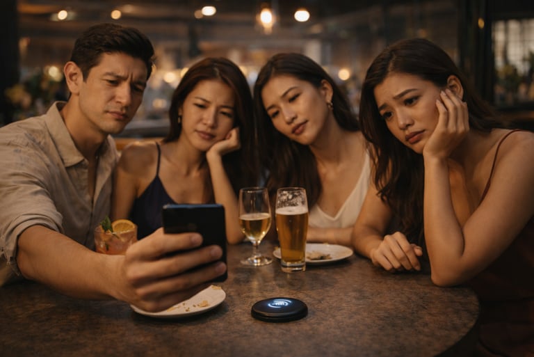 Customers at restaurant table looking at phone instead of venue experience