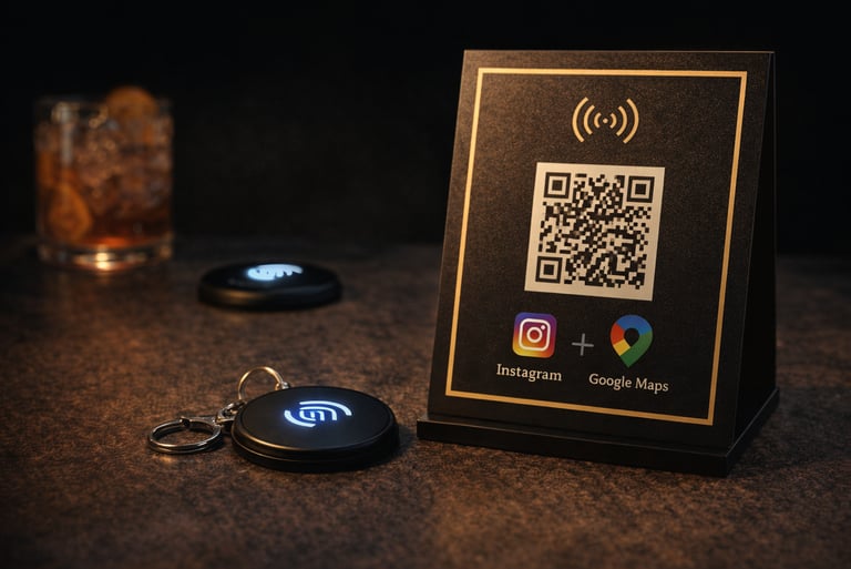 QR display on table with phone and social icons showing scan engagement concept