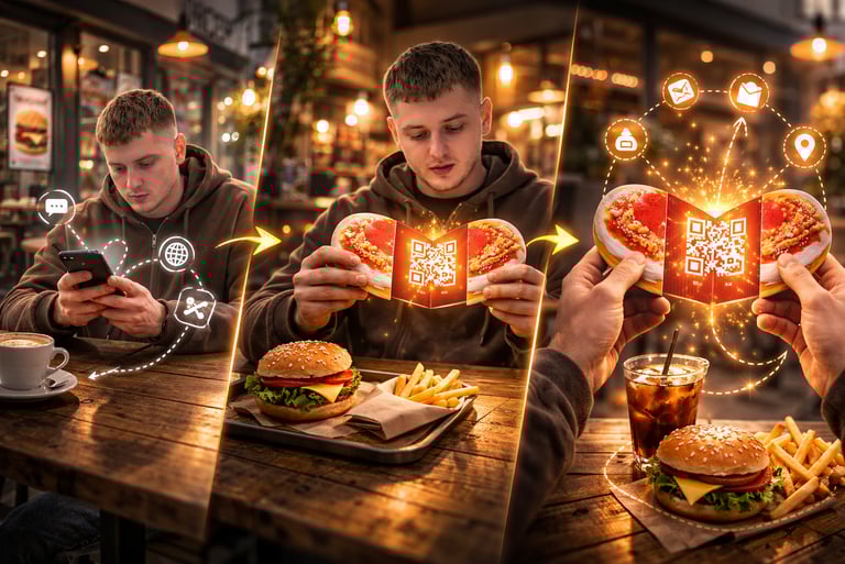 People at restaurant table interacting with illuminated brand cards