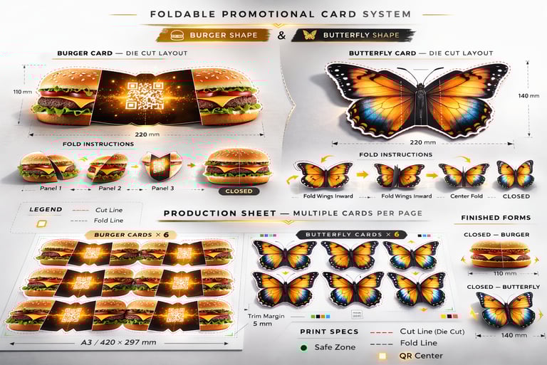 Sheet showing multiple shaped promotional cards including burgers and butterflies