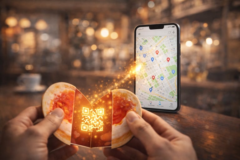 Hands holding promo card with phone map showing customer discovery and visibility concept