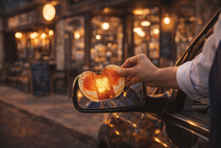 Person holding interactive promotional card near car showing hospitality marketing concept