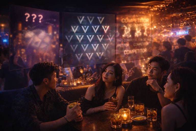 Customers in venue looking uncertain while surrounded by competing brand signals