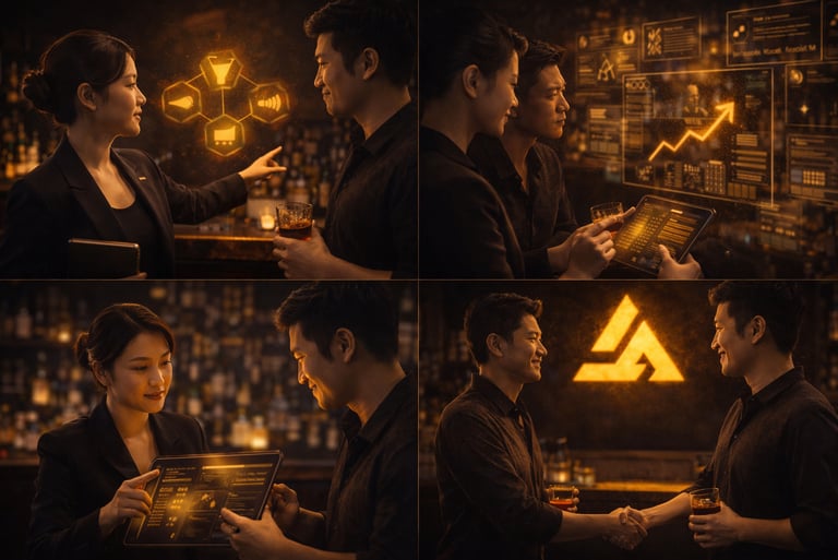 Multiple scene graphic showing customer interaction stages in venue