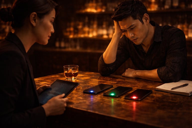 Customer looking confused at phone on table showing unclear brand signal concept