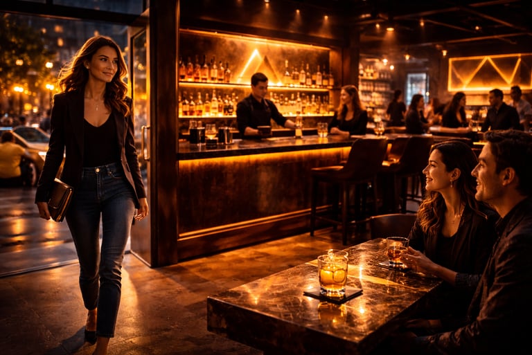 Customer entering busy bar venue showing first impression and arrival experience