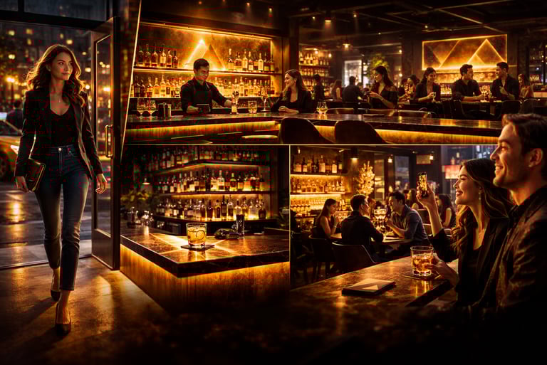 Busy bar interior with customers and lighting showing venue atmosphere concept