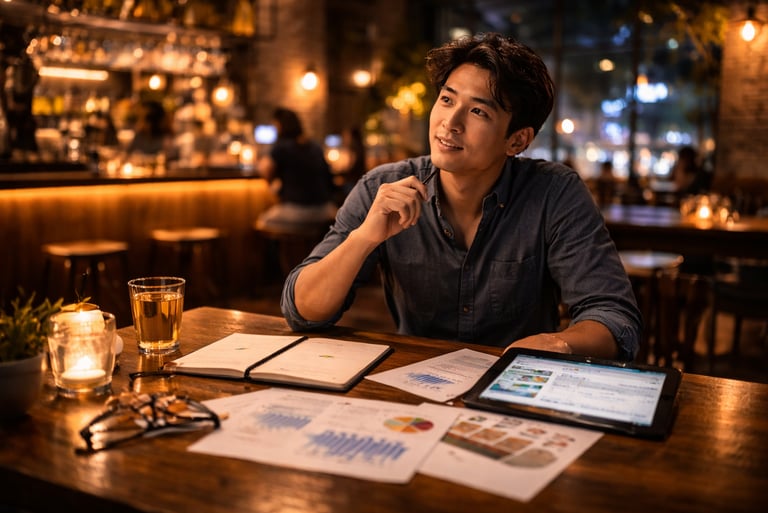 Customer reviewing menu and digital tablet at venue table representing decision and purchase consideration