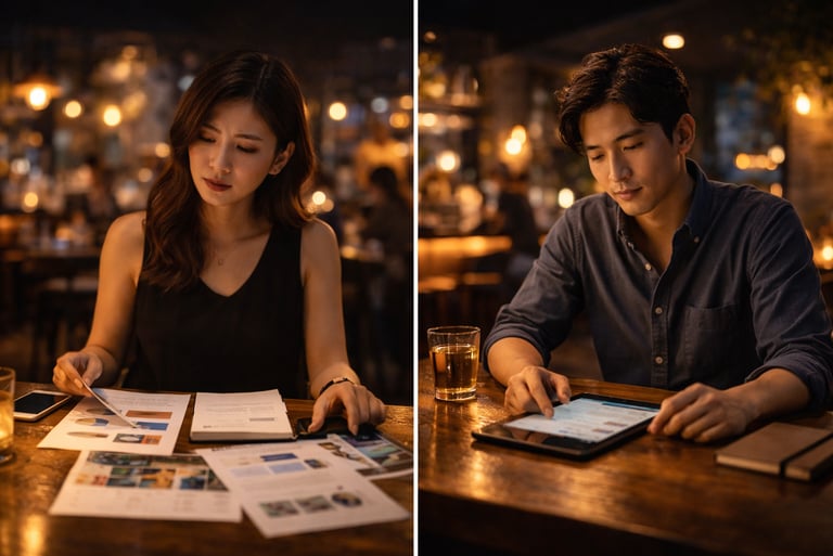 Couple reviewing printed materials and tablet inside venue reflecting structured hospitality planning