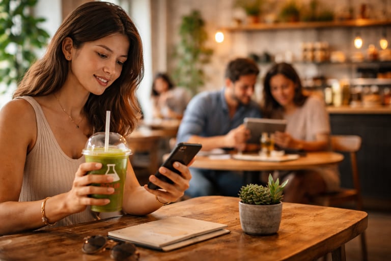 Guest checking mobile phone at restaurant table showing digital interaction within hospitality venue