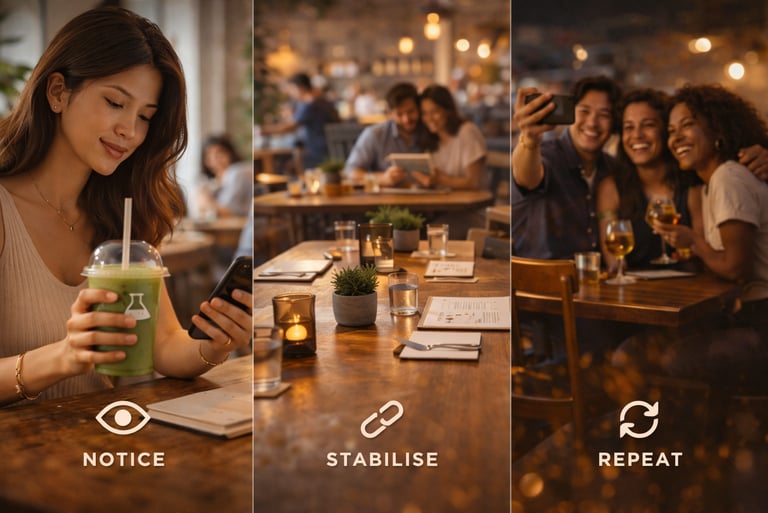 Visual breakdown of hospitality engagement stages from notice to repeat customer behavior