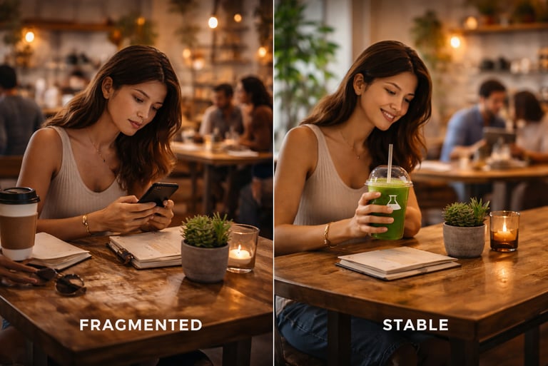 Side comparison showing fragmented versus stable hospitality brand presentation at venue table