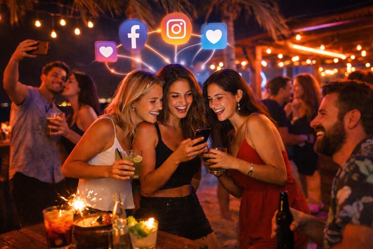 Group of guests sharing drinks and posting online representing nightlife social sharing and visibility