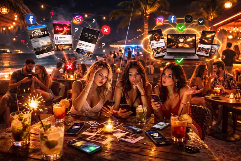 Group of guests sharing drinks while multiple social platforms appear above illustrating aligned hospitality presence
